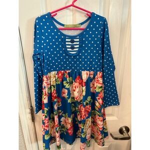 Millie Loves Lily Dress Blue Polka Dot Floral Long Sleeve Ruffle Bib Kids Size 8